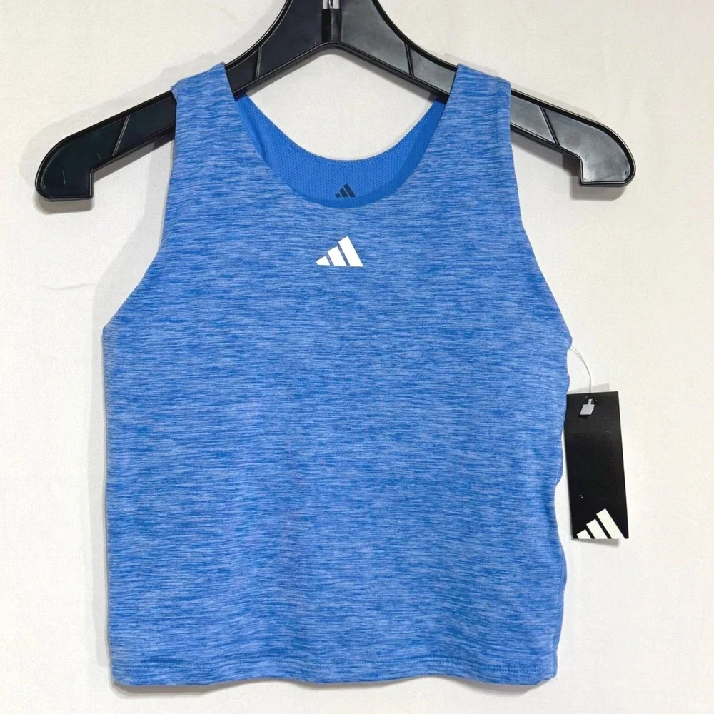 Adidas Girls XL 16 Melange Athletic Training Tank Top Blue Heather Tight Fit NEW